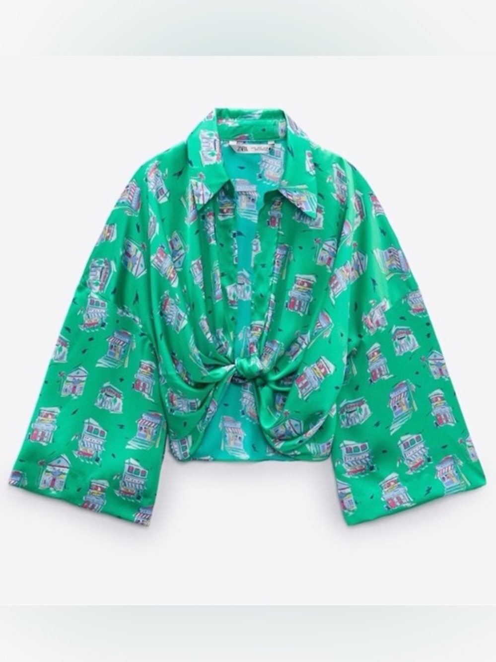 Zara Vintage 90s Style Medium Green Retro Graphic Satin 3/4 Sleeve Summer Top